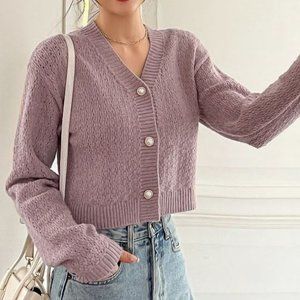 Shein pink cropped cardigan with white buttons